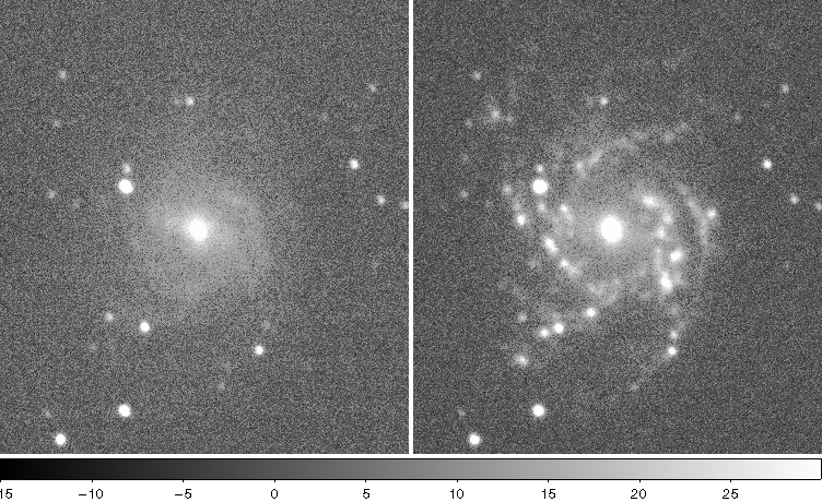 [NGC 2339 image from P60, left= off band, right=on-band Halpha, 20 Angstrom filters]
