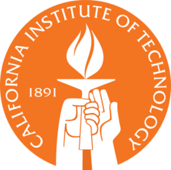 Official seal of Caltech: an orange filled circle with two arms holding the torch in the middle. 1891 is written on the left. 'California institute of Technology' wraps on the outer edge of the circle.