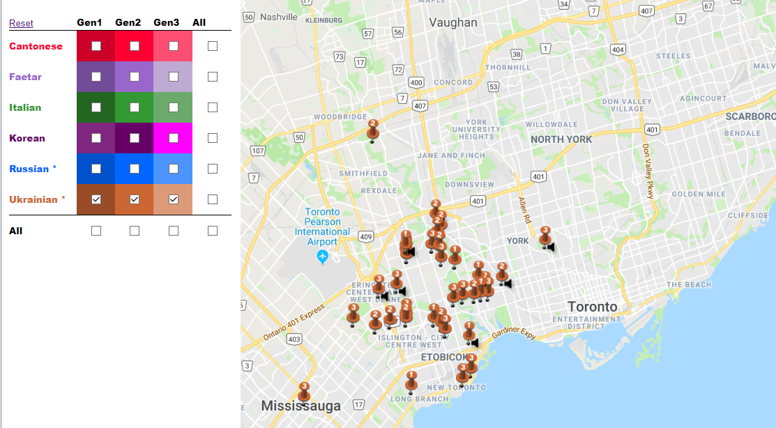 The map of Greater Toronto area with the pins, standing for the first, second and third generation Ukrainian speakers. As of September, 2018 there are a few dozen speakers on the map. Most pins are on the west side in Bloor West Village, Etobicoke and Jane and Finch area.