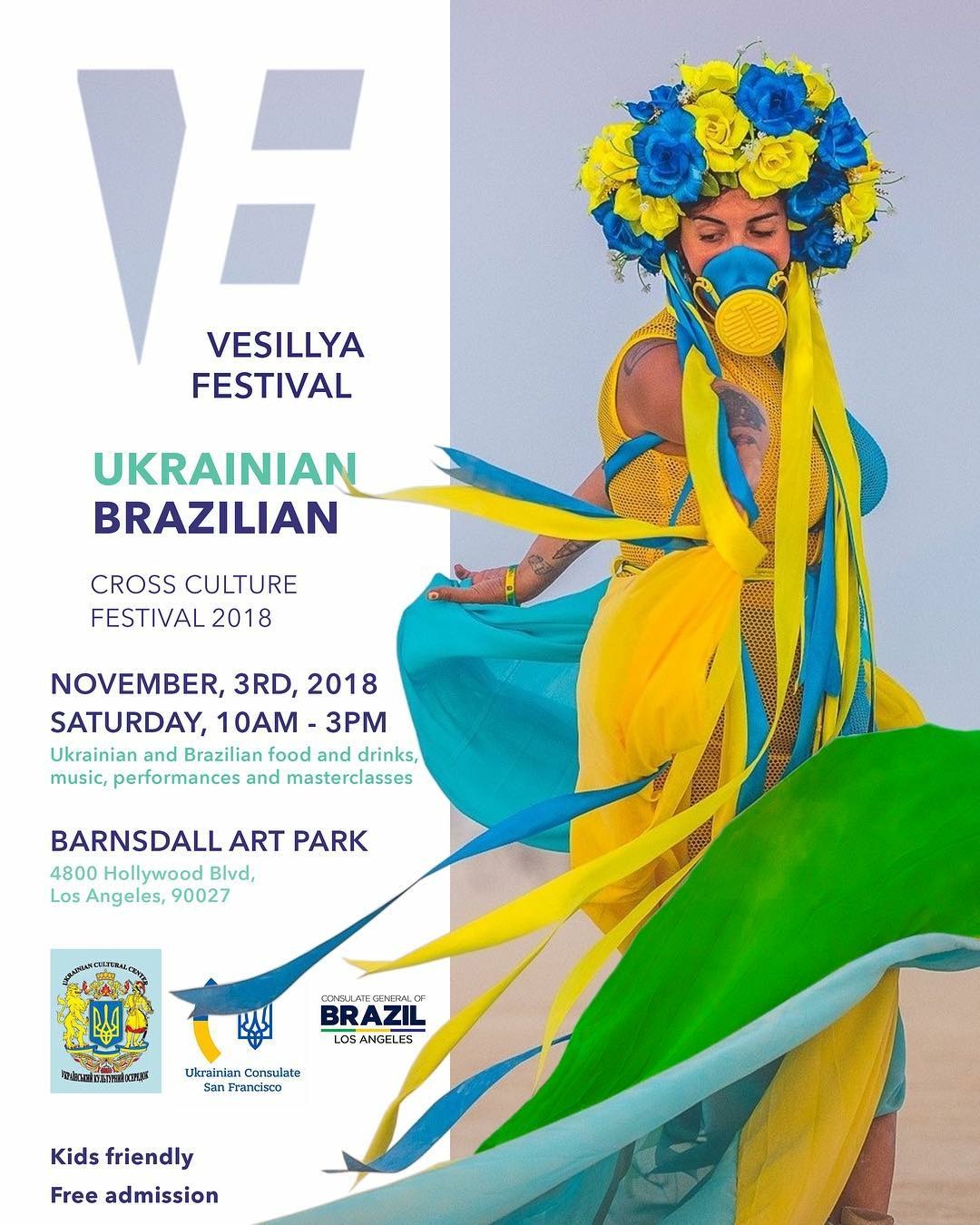 An advertisement inviting people to the Ukrainian-Brazilian festival on November third, 2018 in Barnsdall Art Part. There is a picture of a woman wearing blue-and-yellow dress, flowers and ribbons.