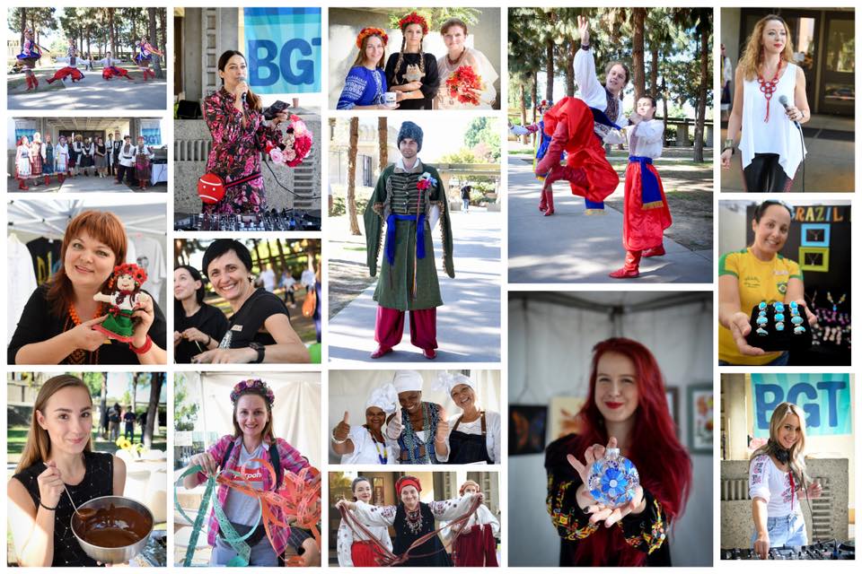A collage of pictures from the festival featuring dancing, Brazilian and Ukrainian food and souvenirs, Ukrainian national clothes, artists.
