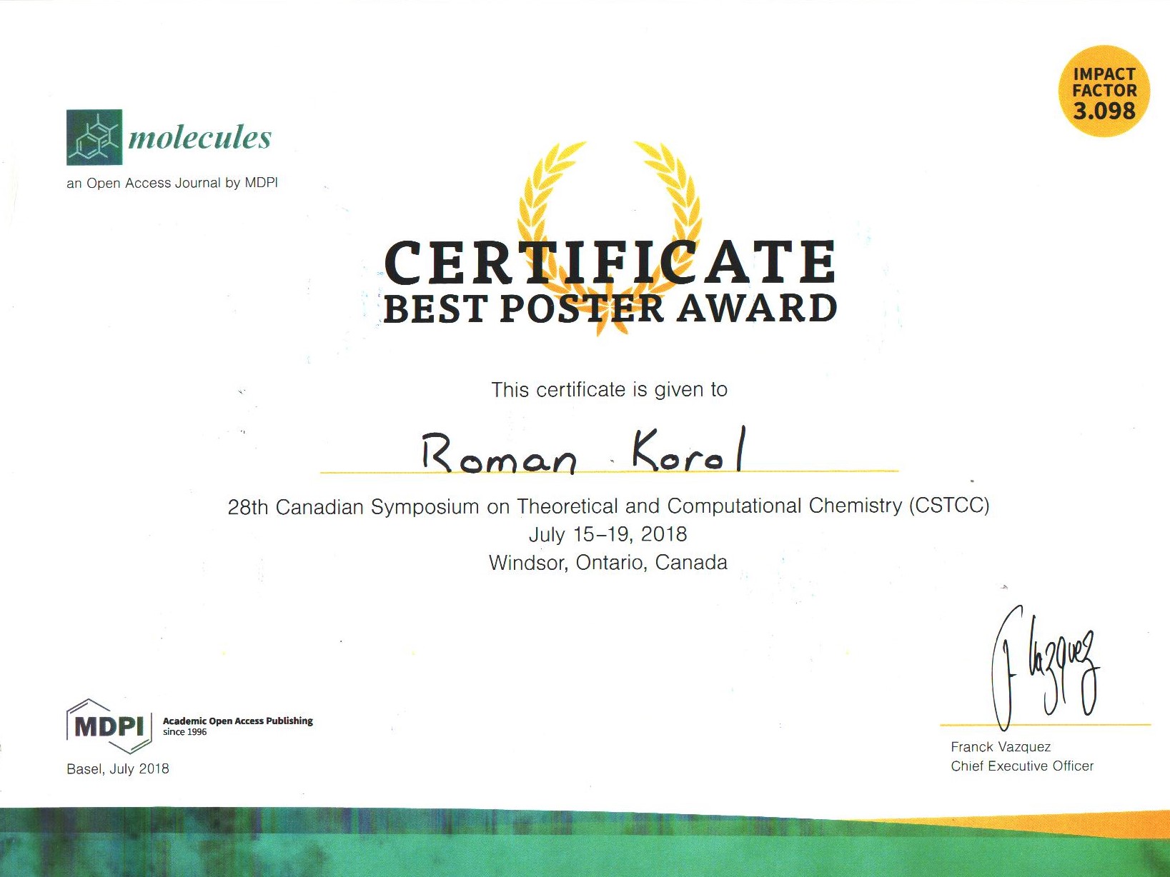 Certificate for the best poster award