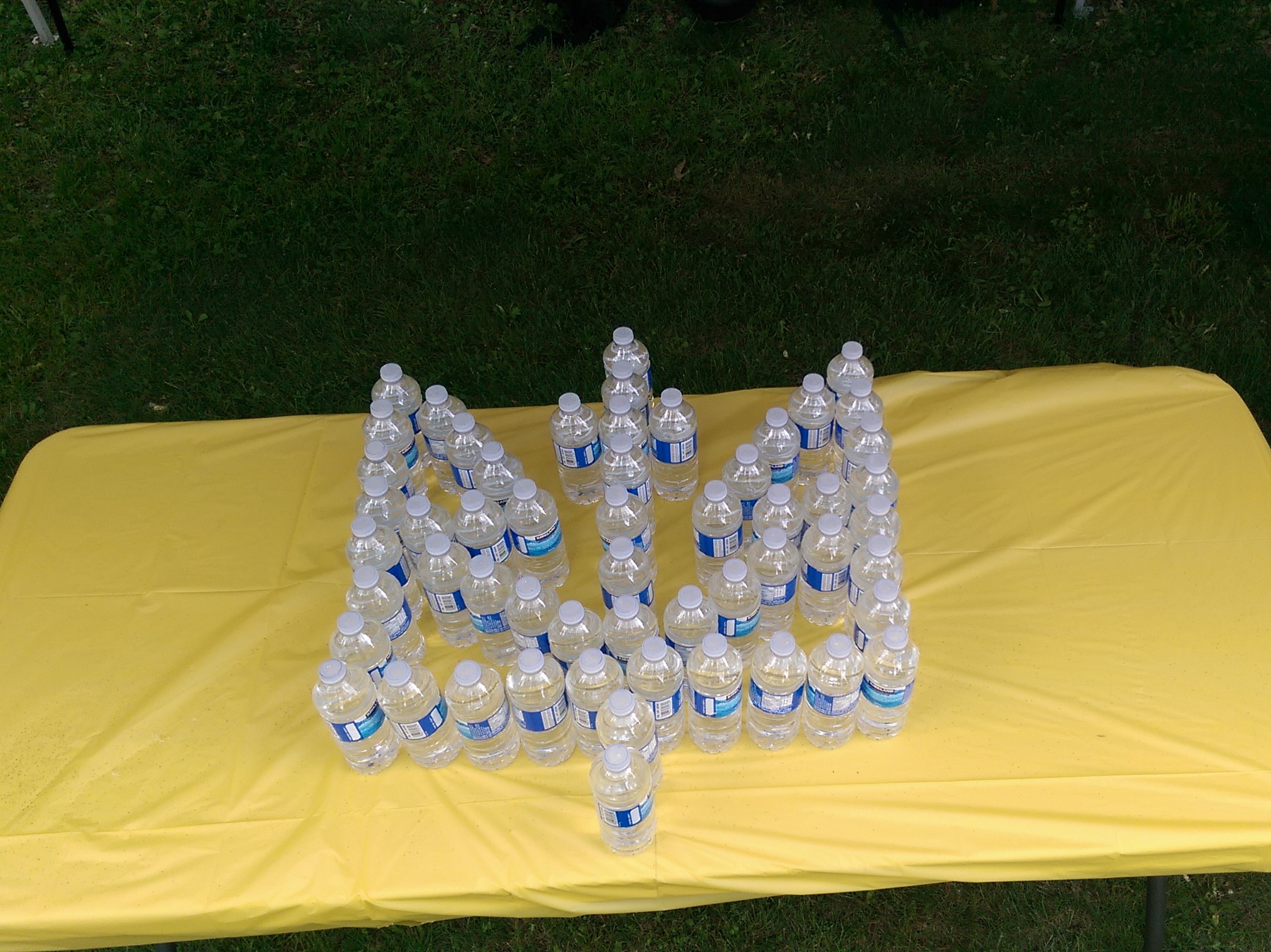 Ukrainian Coat of Arms symbol made from water bottles on a yellow table.