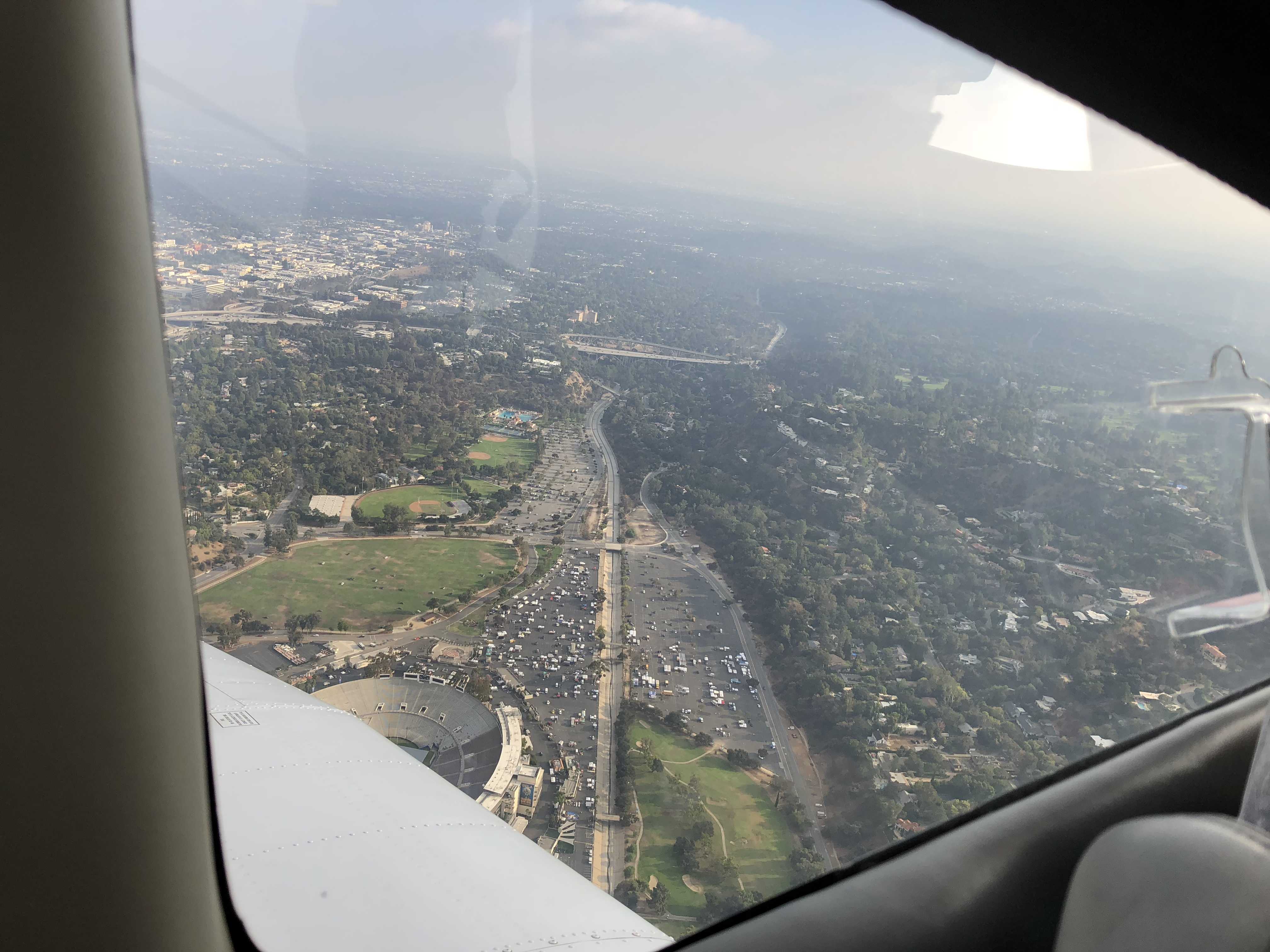 The view from a plane window over Pasadena