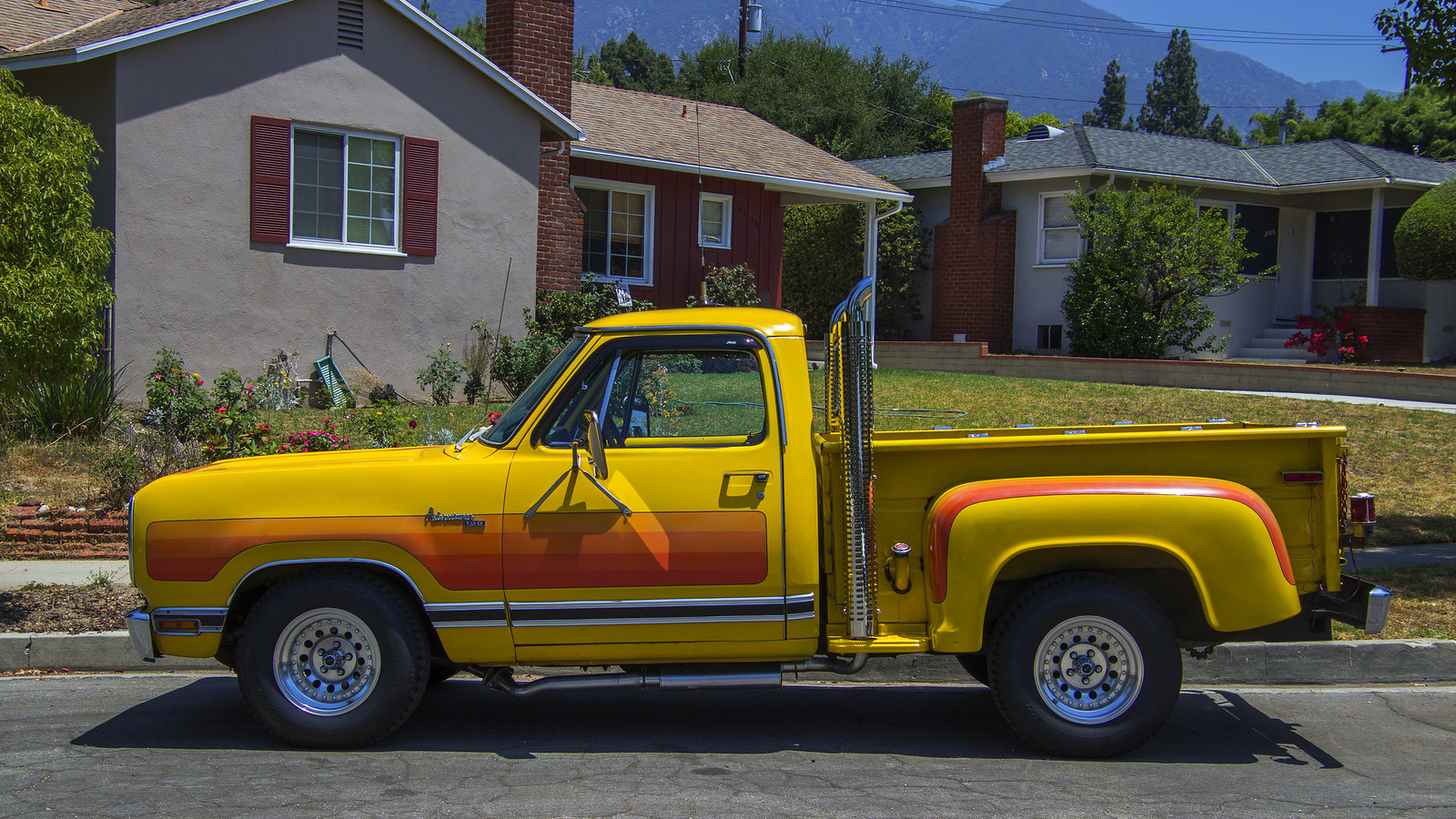 Yellow Dodge D-100 Pickup with Exaust Stacks orange stripes in 2020