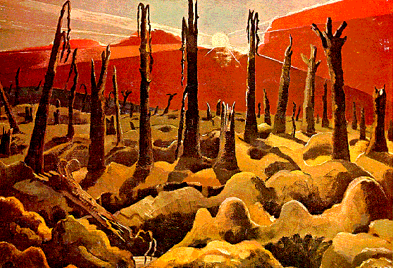 A picture of a war-torn landscape, with the sun
rising over it, scanned from the record cover